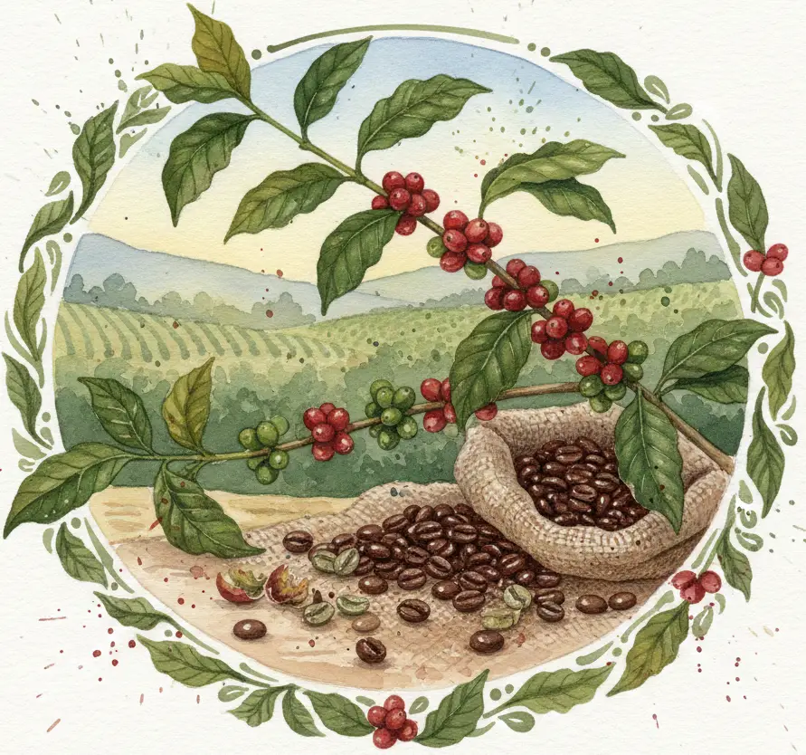 Aquarellzeichnung mit Kaffeebohnen und Kaffeepflanze