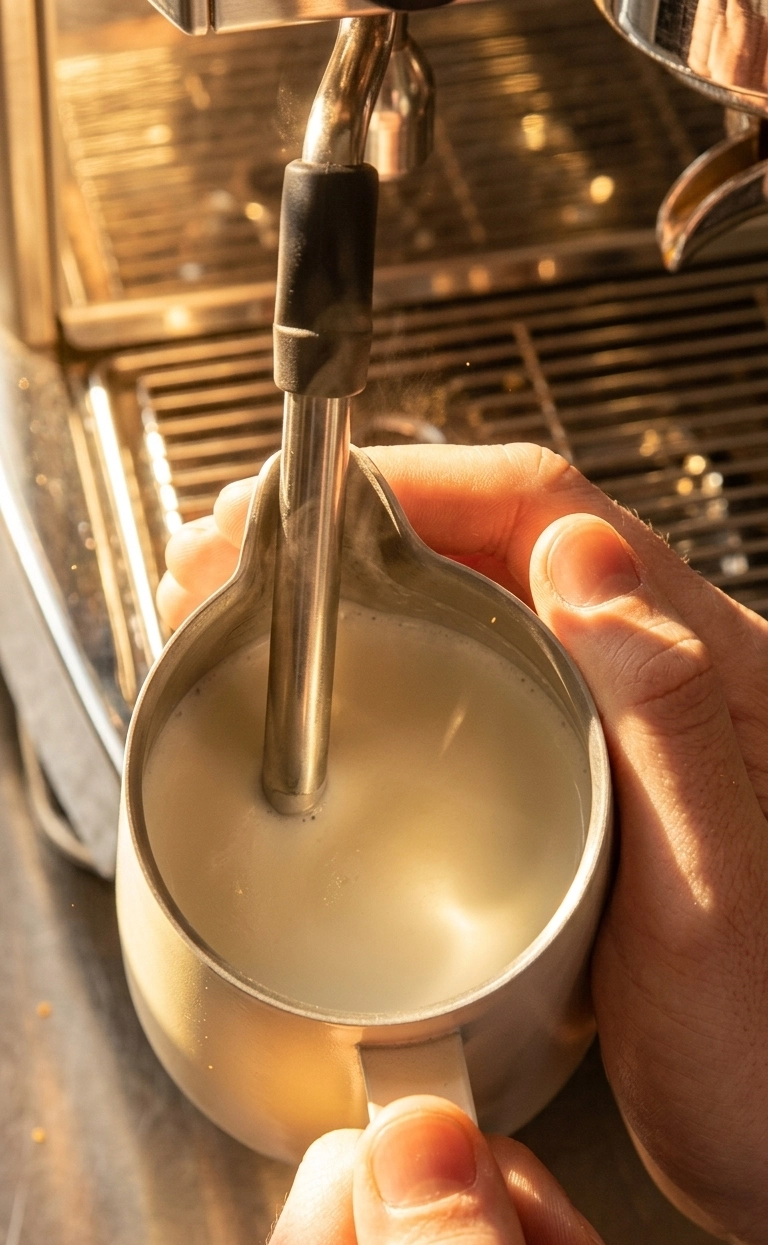 Barista schäumt Milch in einem Edelstahlkännchen mit der Dampflanze einer Siebträgermaschine auf