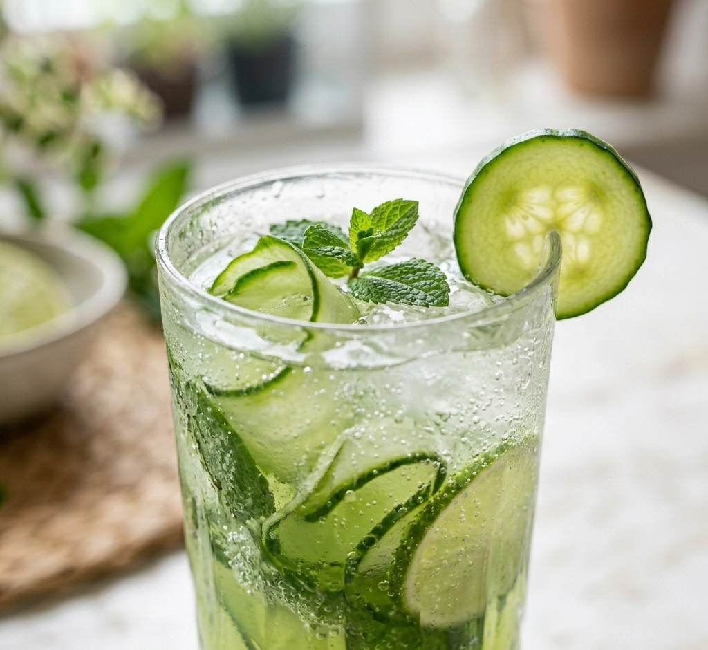 Erfrischender Cucumber Mint Cooler mit Gurke, frischer Minze, Limette und Crushed Ice in einem hohen Glas, garniert mit Gurkenscheibe.Du hast gesagt: mach nen andere beschreibug es soll bisschen anders sein mal