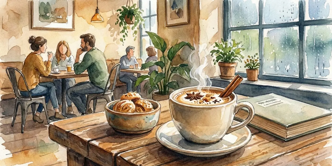 Aquarellstil Cafe Szene mit Chai im Vordergrund