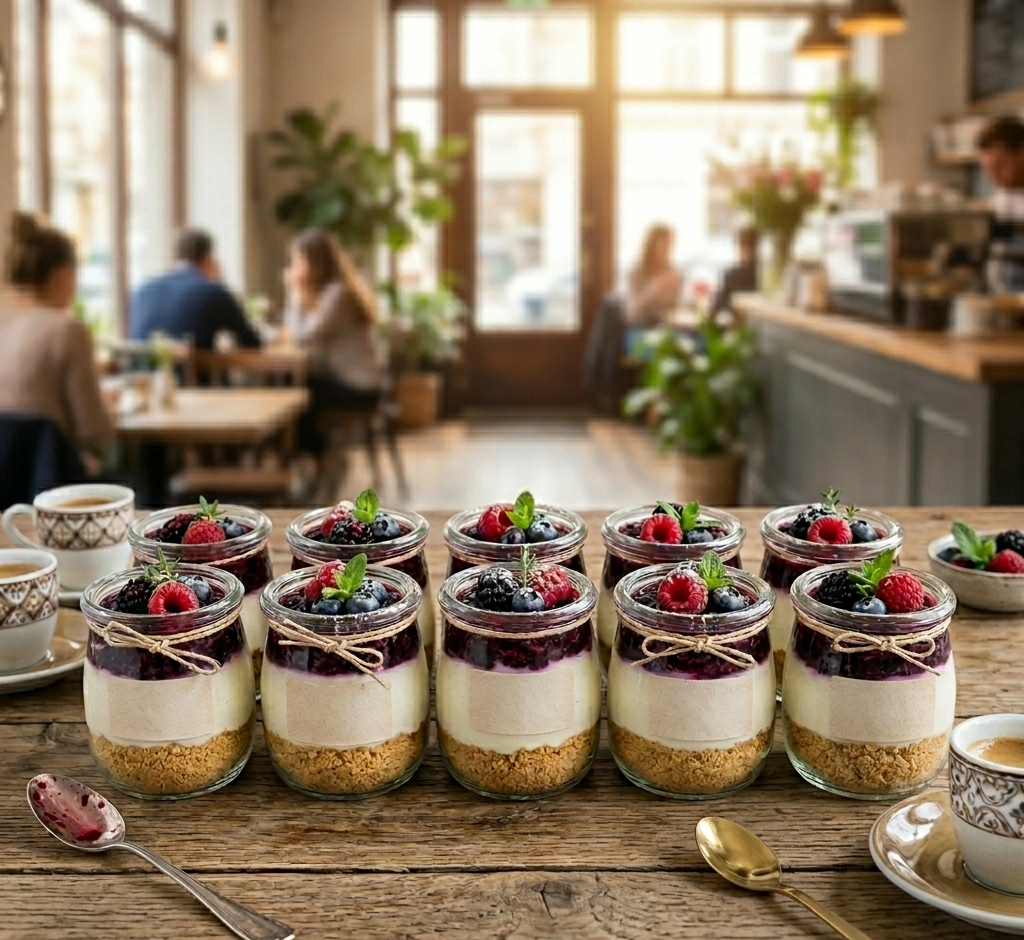 No-Bake Cheesecake im Glas mit Keksboden, Frischkäsecreme und Foodness Berries Filling, garniert mit frischen Beeren, für 10 Portionen