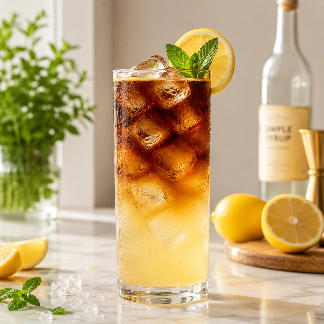 Geschichtete Cold Brew Lemonade im Glas mit Eiswürfeln, Zitrone und Minze, zubereitet mit Rowdy Kaffee und Torani Sirup