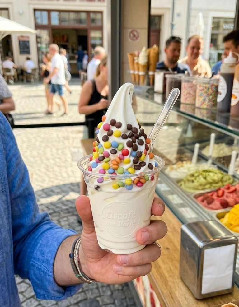 Hand hält Softeis im Becher mit bunten Foodness Mini Rollies 