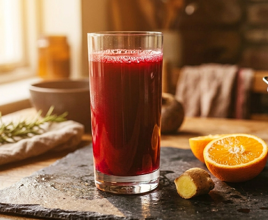 Tiefrubin-roter Rote-Bete-Saft in einem hohen Glas auf einer dunklen Schieferplatte, daneben ein feines Metallsieb über einem zweiten Glas mit dunkelrotem Gemüsetrester, eine halbierte Orange und ein frisches Ingwerstück im Vordergrund, Rosmarinzweig und 