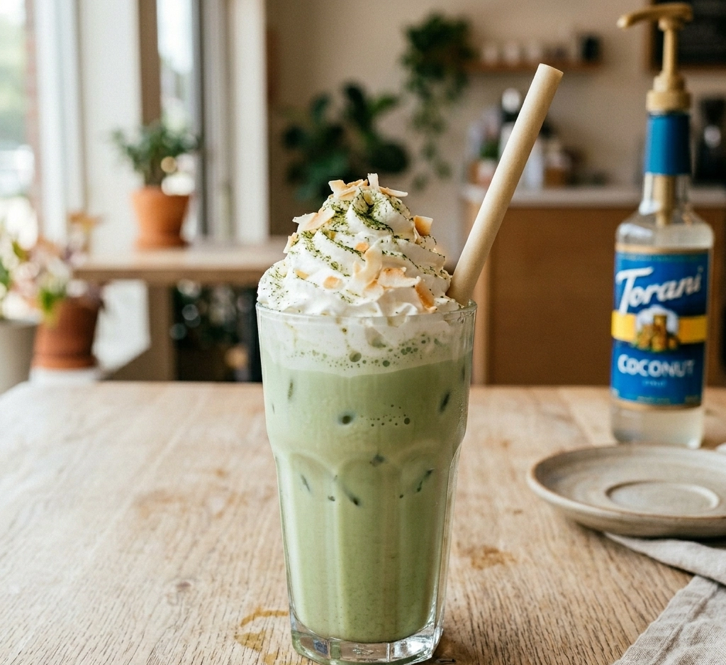 Cremiger Coconut Matcha Frappé im hohen Glas mit Kokoscreme-Topping und Matcha-Puder-Garnitur, zubereitet mit Cape Dorato Mega Matcha Frappépulver und Torani Coconut Sirup auf Holzoberfläche