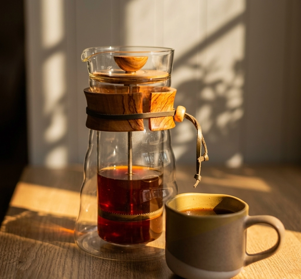 Elegante French Press aus doppelwandigem Glas mit Olivenholz- und Lederakzenten, gefüllt mit dunkel gebrühtem Kaffee, daneben eine graue Keramiktasse auf einem Holztisch im warmen Sonnenlicht.