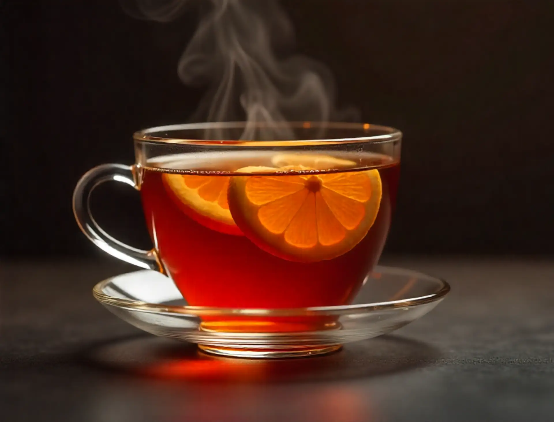 schwarzer Tee in Tasse mit Zitrone dampfend