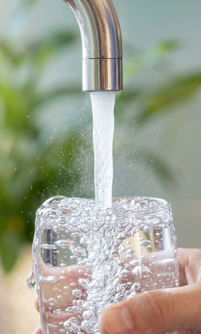 Hand hält ein Glas unter einen Edelstahl-Wasserhahn, aus dem frisches Leitungswasser sprudelt – verschwommene Grünpflanze im Hintergrund