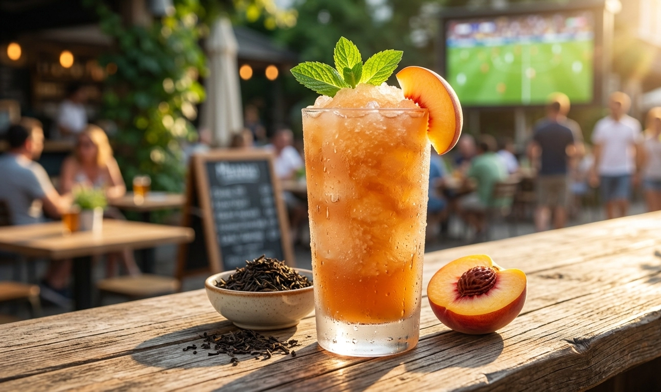 Peach Iced Tea Slush im hohen Glas mit Pfirsichspalte und frischer Minze auf rustikalem Holztresen, daneben loser Schwarztee und halbierter Pfirsich, im Hintergrund sommerliche Café-Terrasse mit Public Viewing zur WM.