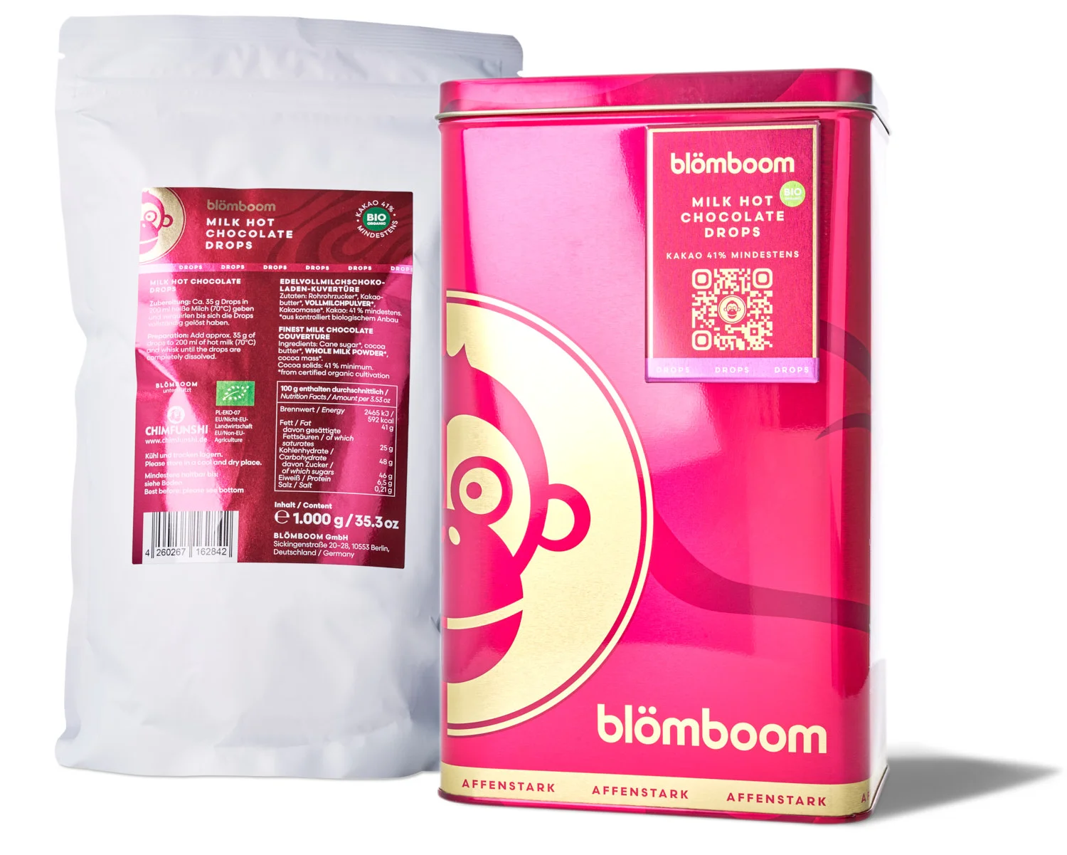 Blömboom - Metalldose+Refillbeutel und Magnet "Milk Hot Chocolate Drops BIO 1kg"