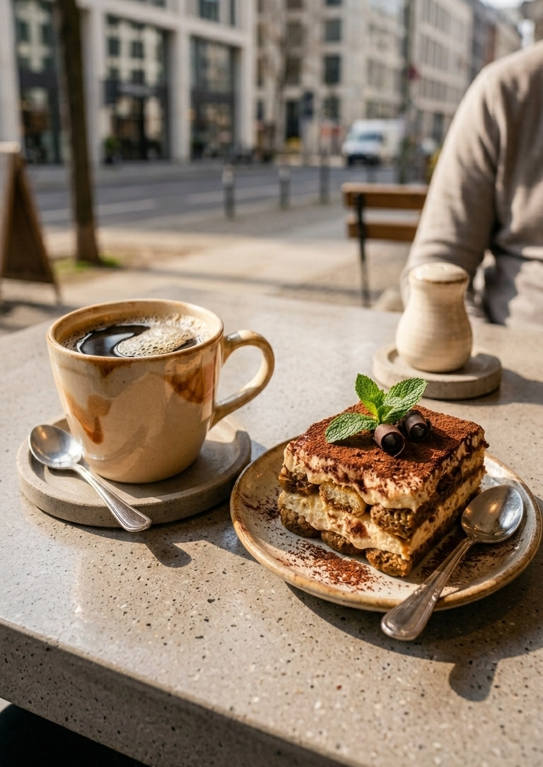 Keramiktasse mit schwarzem Espresso und ein Stück Tiramisu mit Kakaopulver und Minzblatt auf einem Steintisch einer städtischen Café-Außenterrasse, im Hintergrund unscharfe Stadtarchitektur