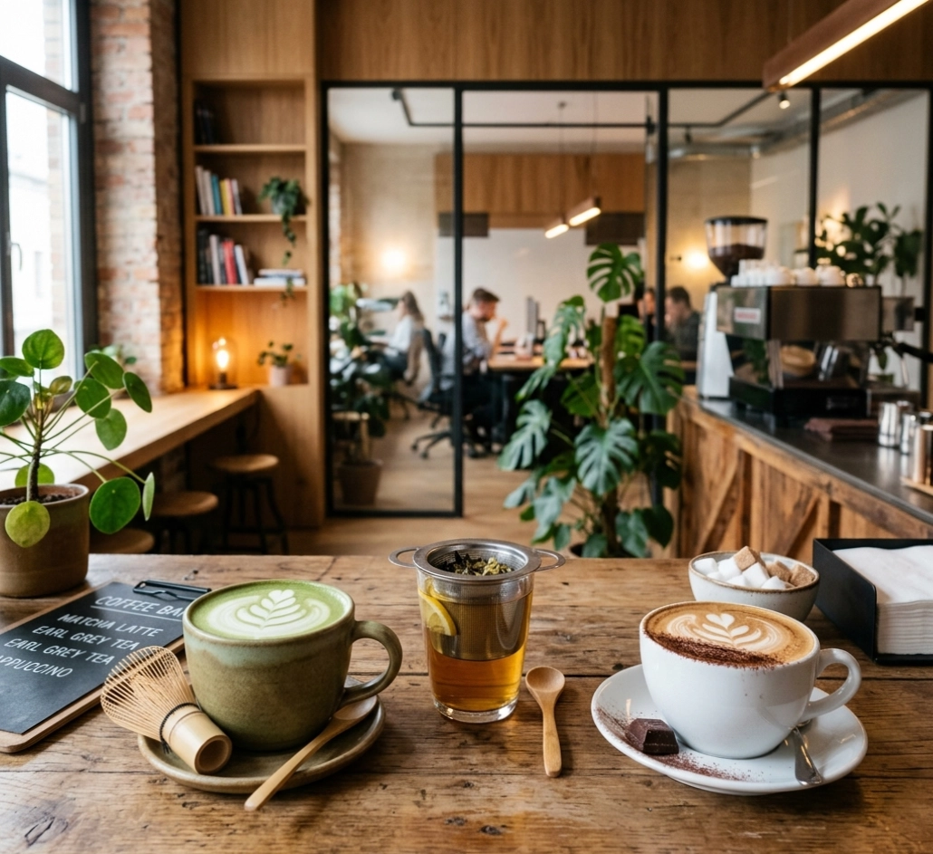 Matcha Latte, loser Tee im Glassieb und Cappuccino nebeneinander auf einer Holztheke, Café im Hintergrund mit Gästen und Siebträger, warmes Licht, Zimmerpflanzen