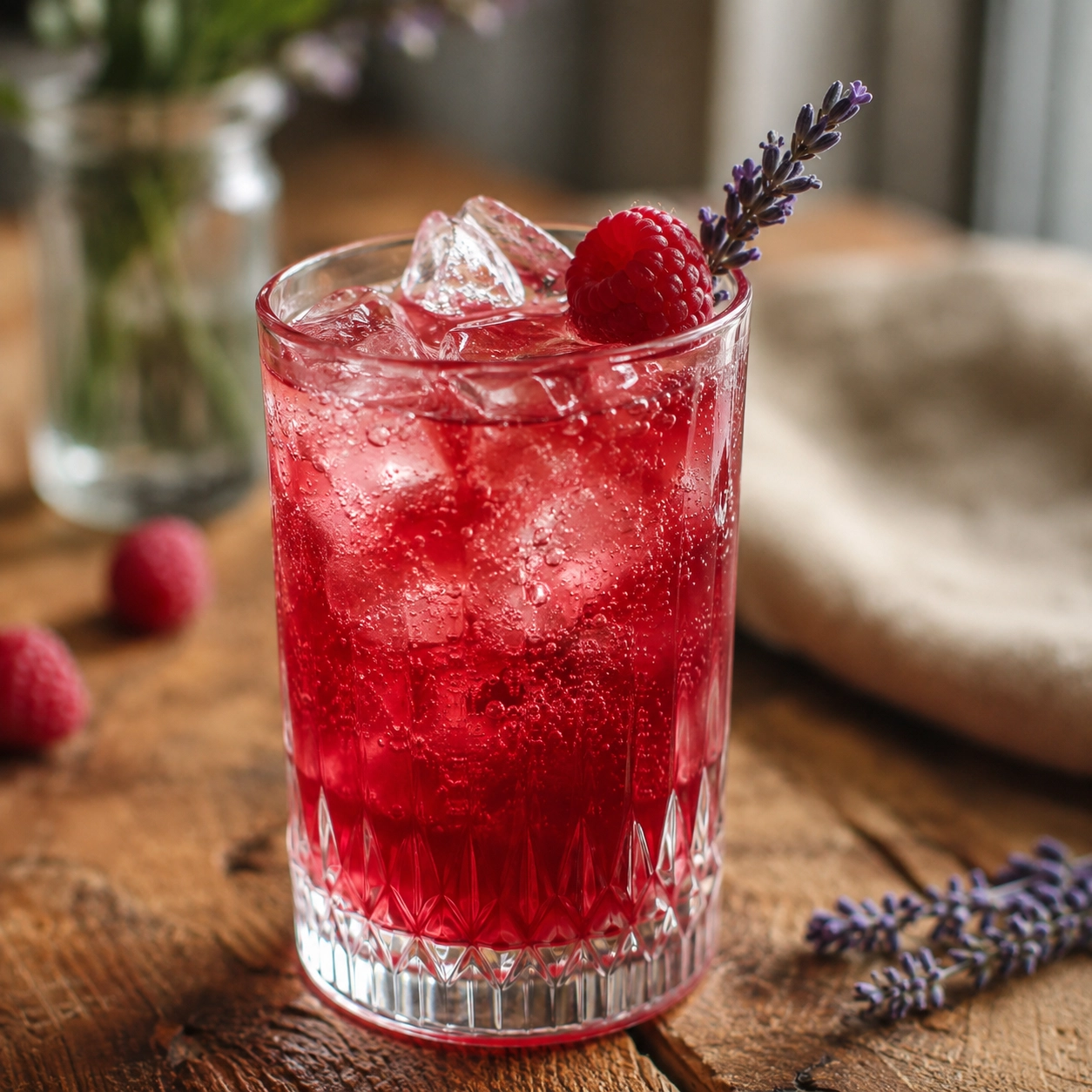 Glas mit rosa Himbeer-Lavendel-Shrub, Eiswürfeln und Sprudelwasser, dekoriert mit Himbeere und Lavendelzweig am Glasrand