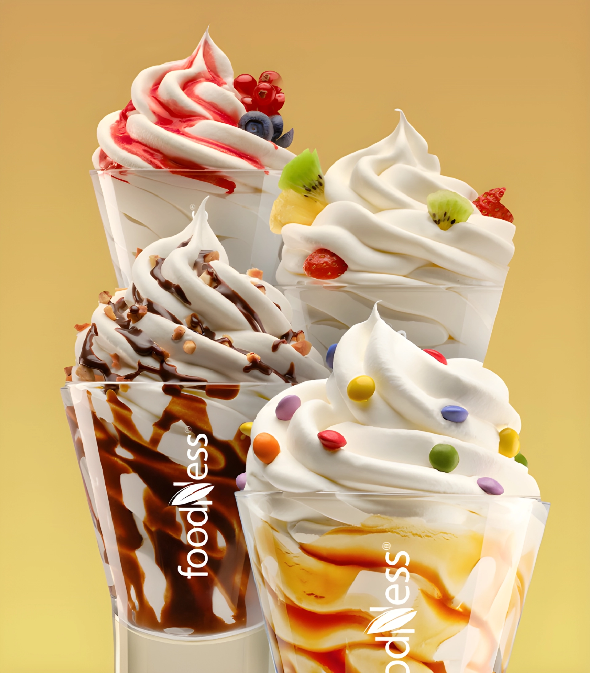 Foodness Soft Eis mit verschiedenen Saucen und Toppings im Glas