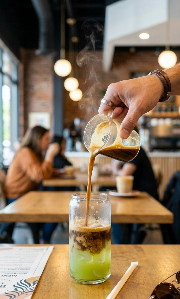 Barista gießt heißen Espresso über einen Pandan Latte mit Eis in einem Glas – serviert in einem modernen Café