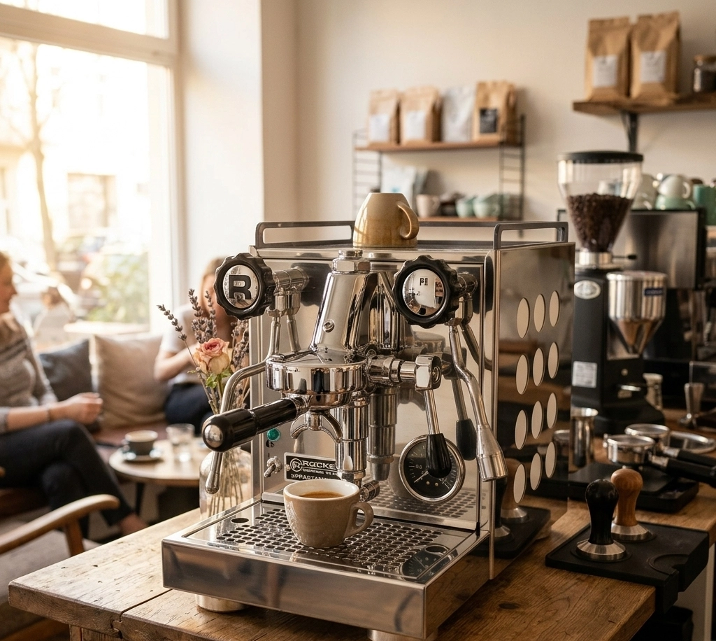 Glänzende Siebträgermaschine der Marke Rocket Espresso aus poliertem Edelstahl auf einem Holztresen, darunter eine gefüllte Espressotasse. Im Hintergrund sitzen Gäste in einem hellen, gemütlichen Café.