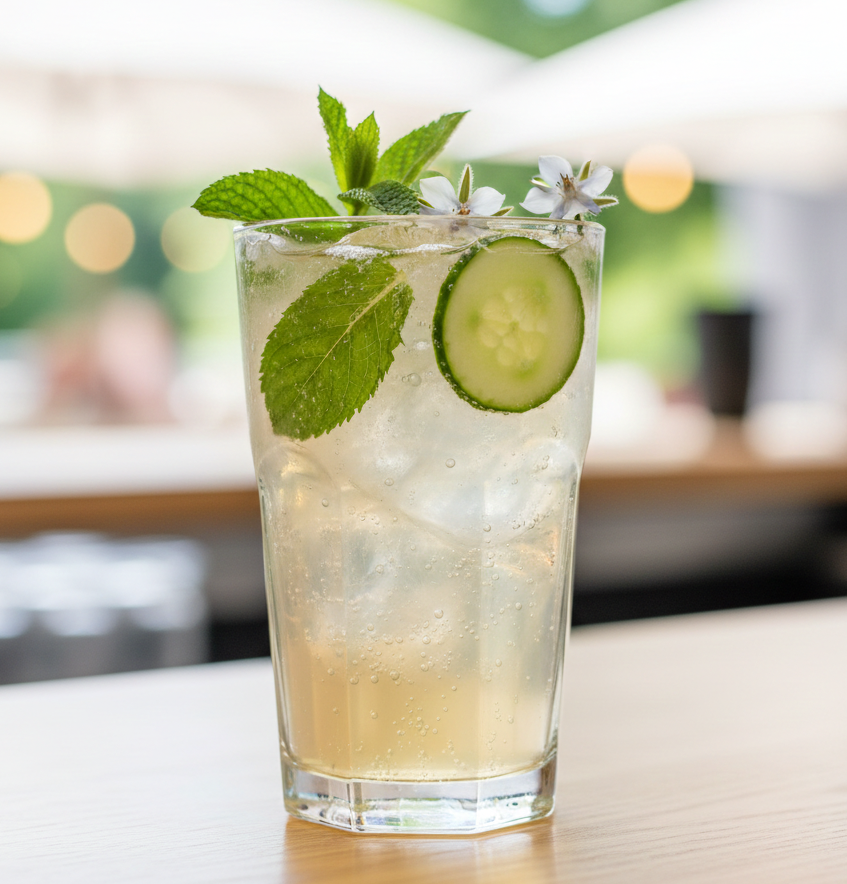 Cocktail mit Gurke und Minze im Cafe