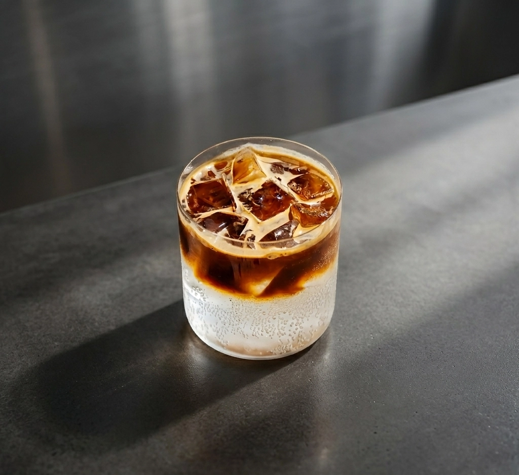 Espresso Tonic in einem zylindrischen Tumbler-Glas mit sichtbarer Zweischichtung — klares, leicht schäumendes Tonic Water unten und dunkelbrauner Espresso mit Crema über den Eiswürfeln oben, serviert auf einer dunkelgrauen Betonoberfläche im dramatischen 