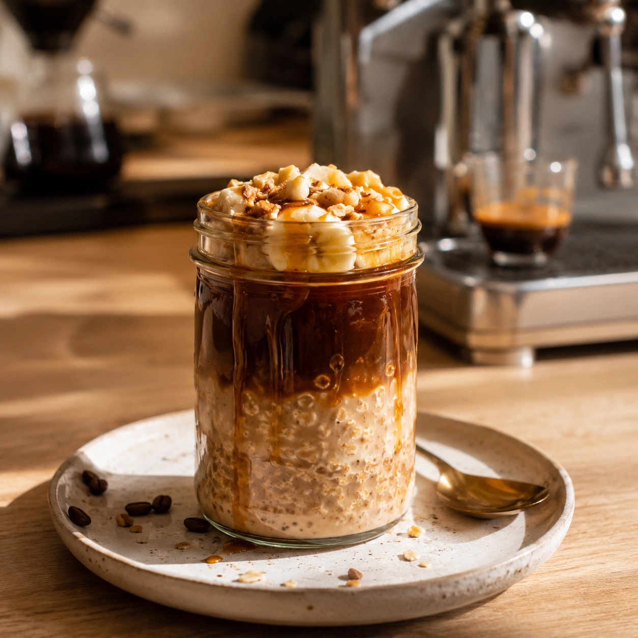 Cold Brew Overnight Oats im Glas, zubereitet mit Rowdy Kaffee und Torani Puremade Caramel Sirup