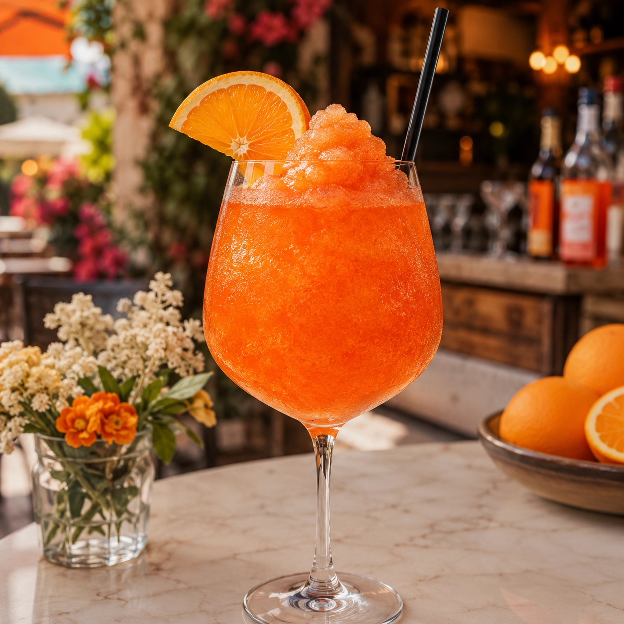 rozen Aperol Slush in einem eleganten Weinglas mit feiner Slush-Eisstruktur und Orangenscheibe als Garnitur.