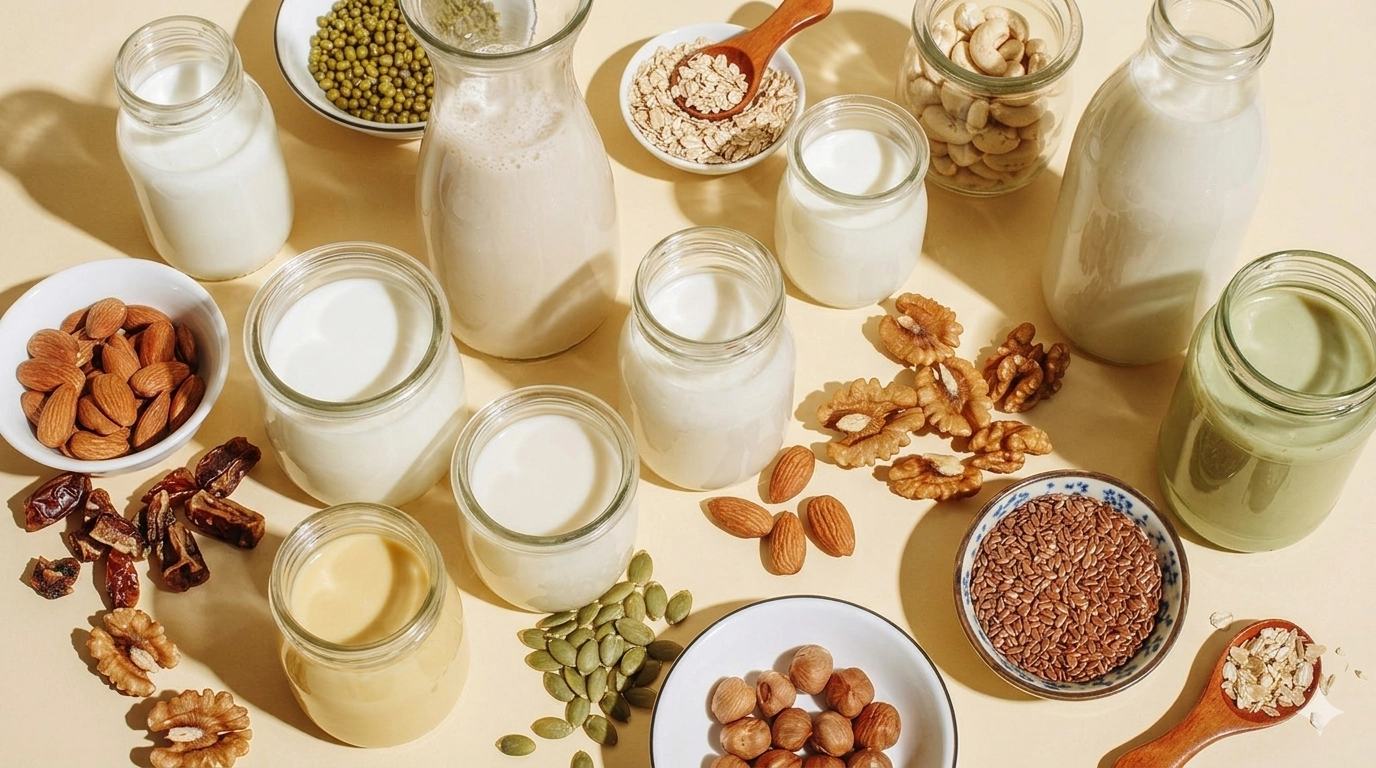 Verschiedene pflanzliche Milchalternativen in Glasgefäßen, umgeben von den jeweiligen Zutaten: Mandeln, Walnüsse, Haferflocken, Cashews, Haselnüsse, Leinsamen, Kürbiskerne und Datteln auf hellem Hintergrund