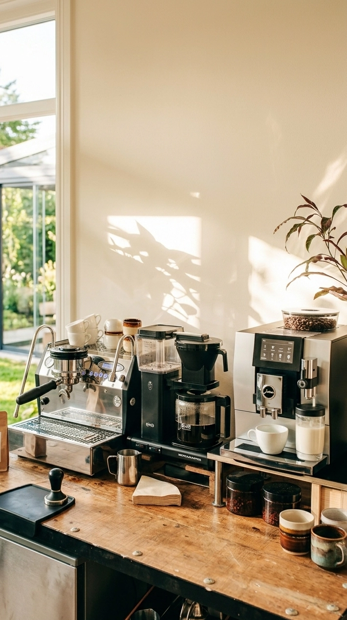 Drei Kaffeemaschinen nebeneinander auf einer Holztheke – Siebträger, Filterkaffeemaschine und Kaffeevollautomat, helles Sonnenlicht durch große Fenster, Zimmerpflanze im Hintergrund