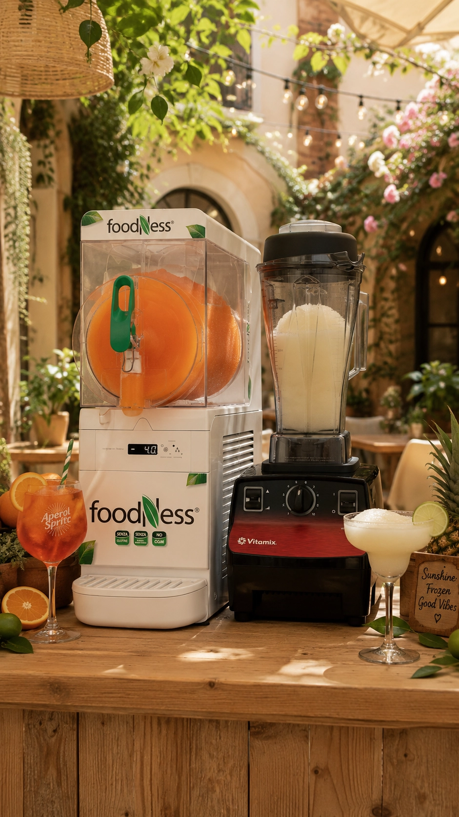 Weiße Foodness Frozen-Drink-Maschine und Vitamix Blender mit Frozen Aperol und Frozen Daiquiri auf einer Holztheke in einem sommerlich dekorierten Café-Innenhof.