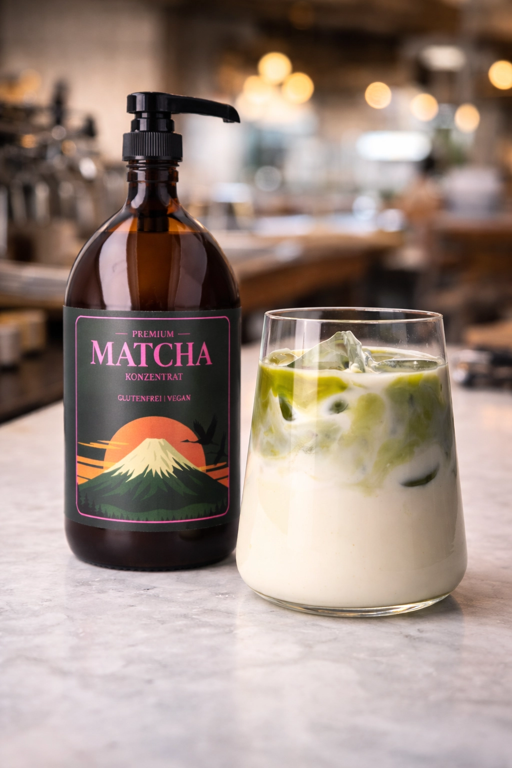Matcha Konzentrat mit Matcha Latte im Glas auf einer Theke