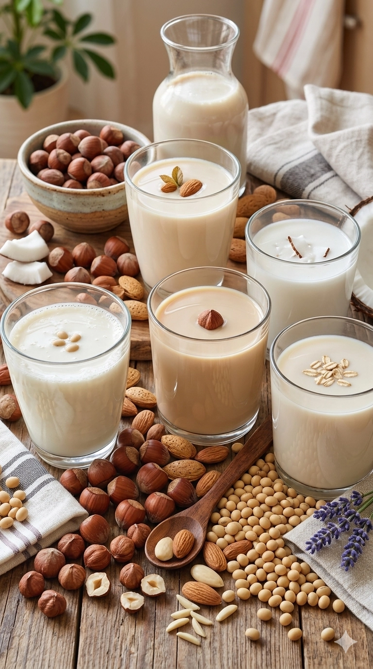 Unterschiedliche Gläser gefüllt mit Milchalternativen. Kokosmilch, Hafermild und Mandelmilch. Daneben liegen die Zutaten