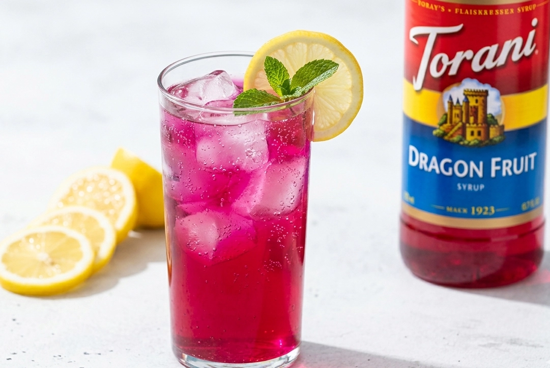 Leuchtend magentafarbene Dragon Fruit Lemonade im hohen Glas mit Eiswürfeln, Zitronenscheibe und Minzgarnitur, zubereitet mit Torani Dragon Fruit Sirup auf weißem Untergrund