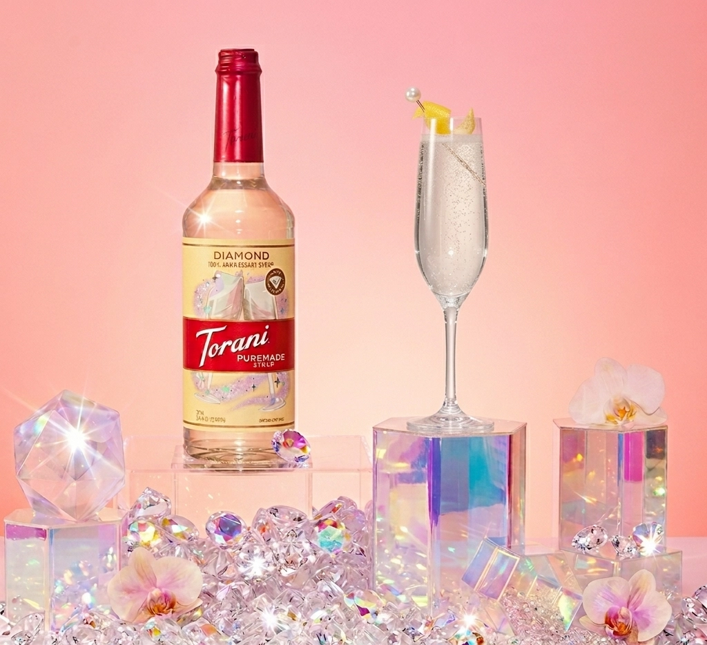 Torani Diamond Puremade Sirup 750ml neben einem eleganten Sektglas mit prickelndem Diamond Spritz – garniert mit Zitrone und Perlennadel, umgeben von Kristallen und Orchideen vor rosafarbenem Hintergrund