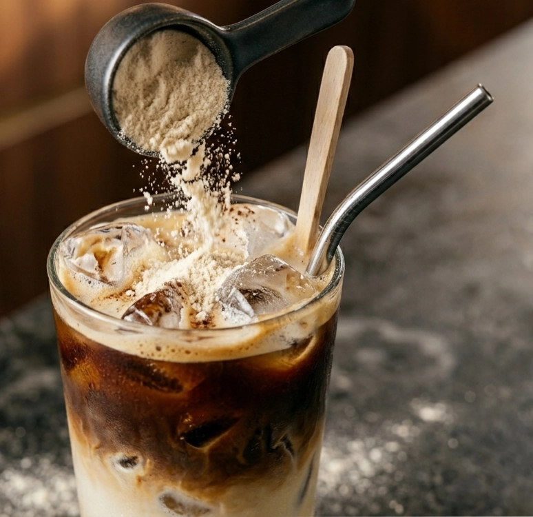 Loaded Coffee im Glas mit Eis und Milch, während Proteinpulver aus einem schwarzen Messlöffel direkt in den Drink gestreut wird – serviert mit einem Metallstrohhalm und einem Holzrührstäbchen auf einer dunklen Bartheke.
