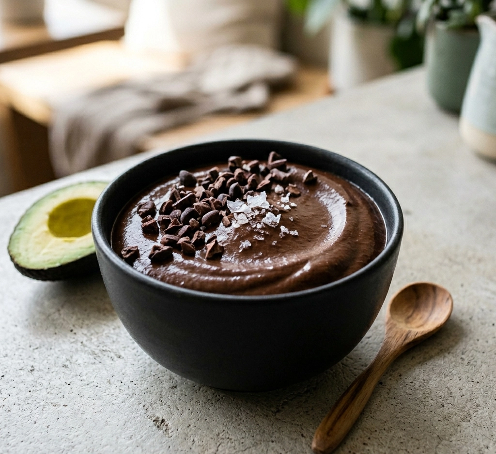 Cremige Schokoladen-Avocado-Mousse in einer schwarzen Keramikschale, garniert mit Kakaonibs und Meersalzflocken, zubereitet mit Blömboom Dark Hot Chocolate Powder Bio – pflanzliches Dessert für Cafés und Gastronomie.