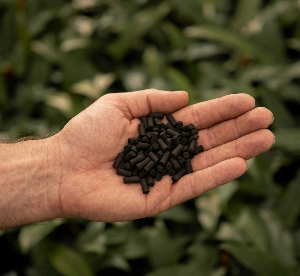 Eine Hand hält schwarze Aktivkohle-Pellets vor einem unscharfen grünen Pflanzenhintergrund – Aktivkohle zur Wasserfilterung