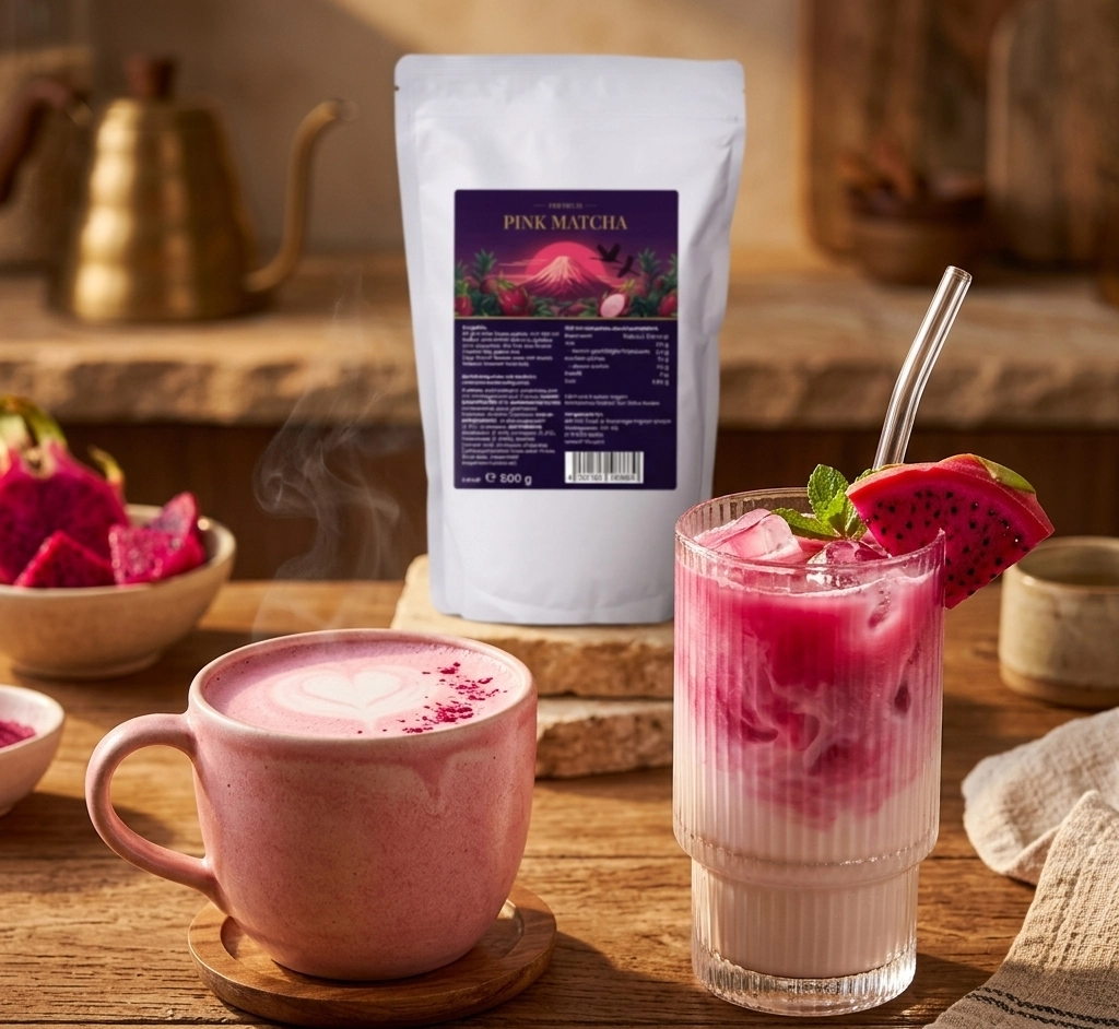 Zwei Zubereitungen des Pink Matcha Basisrezepts nebeneinander — links eine heiße Tasse mit aufgeschäumter Milch und zartem Rosa, rechts ein eisgekühltes Glas mit sichtbarer Farbgebung, aufgenommen auf Marmor im natürlichen Tageslicht
