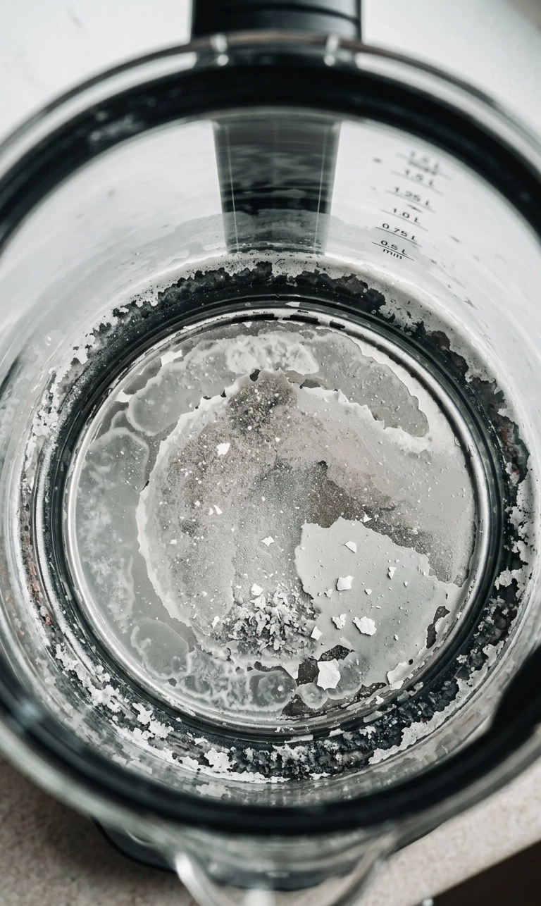 Draufsicht in einen stark verkalkten Wasserkocher – weiße Kalkablagerungen und Kalkflocken auf dem Glasboden durch hartes Leitungswasser
