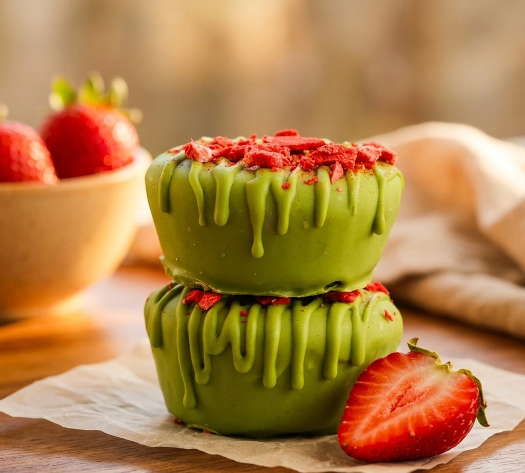 Halbgefrorene Matcha Cheesecake Cups in klaren Portionsgläsern auf einem hellem Marmortablett, mit intensiv grüner Matchacreme, Keksboden und feinem Matcha-Puder bestäubt — Trenddessert für Cafés und Gastronomie, zubereitet mit Cape Dorato Mega Matcha Fra