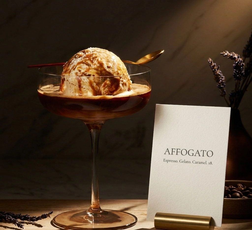Edler Affogato in einem Martiniglas angerichtet