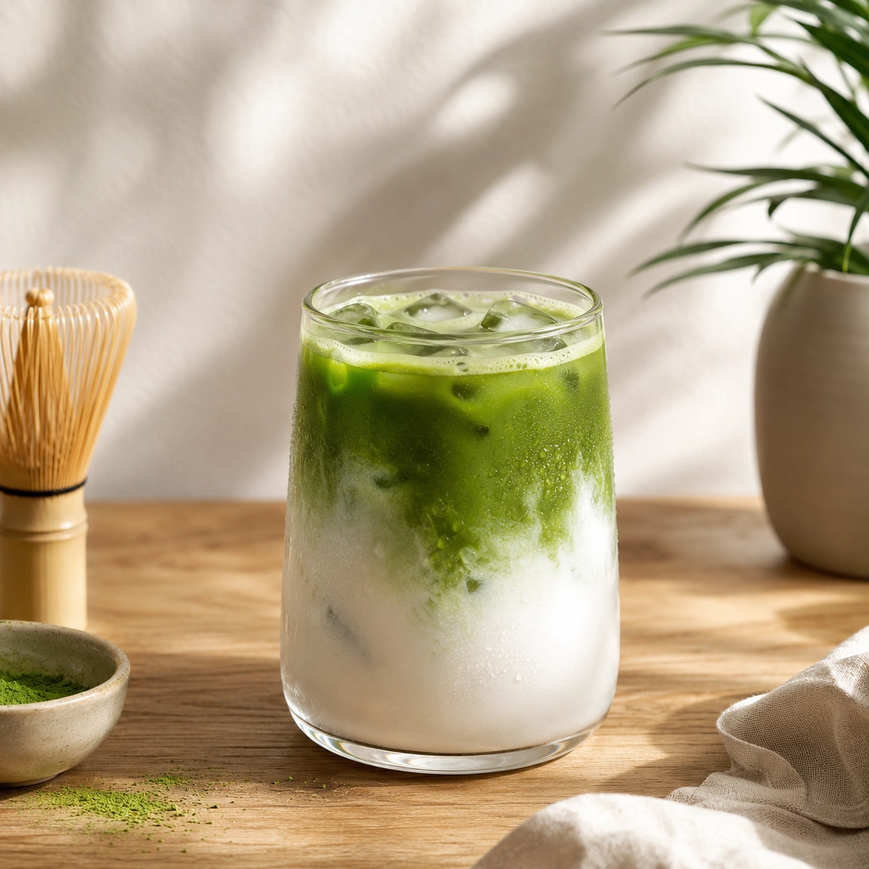 Cremiger Iced Matcha Latte mit Kokosmilch, zubereitet mit Matcha Getränkekonzentrat von Rowdy Brands