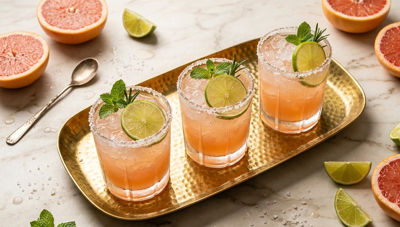 Mezcal Paloma Cocktail in einem Tumbler mit Salzrand, Eiswürfeln und einer Limettenecke als Garnitur, rosa-orangene Farbe durch Grapefruit-Sirup