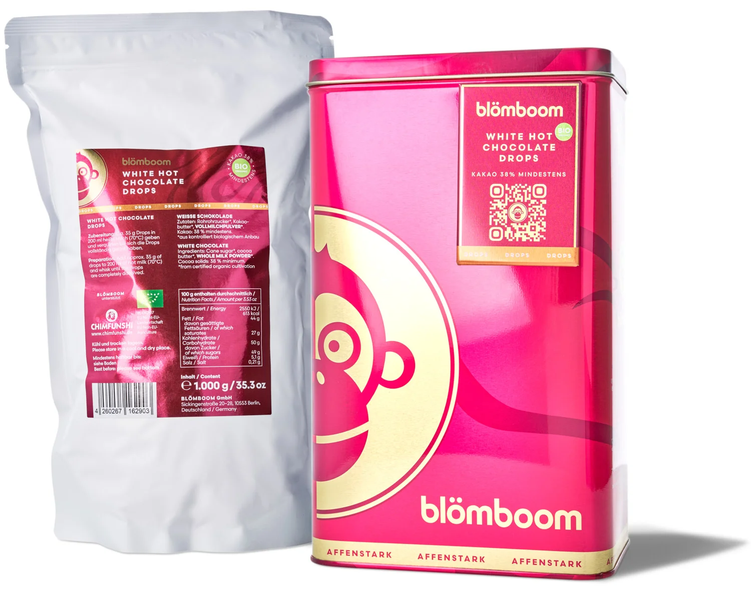 Blömboom - Metalldose+Refillbeutel und Magnet"White Hot Chocolate Drops BIO 1kg"