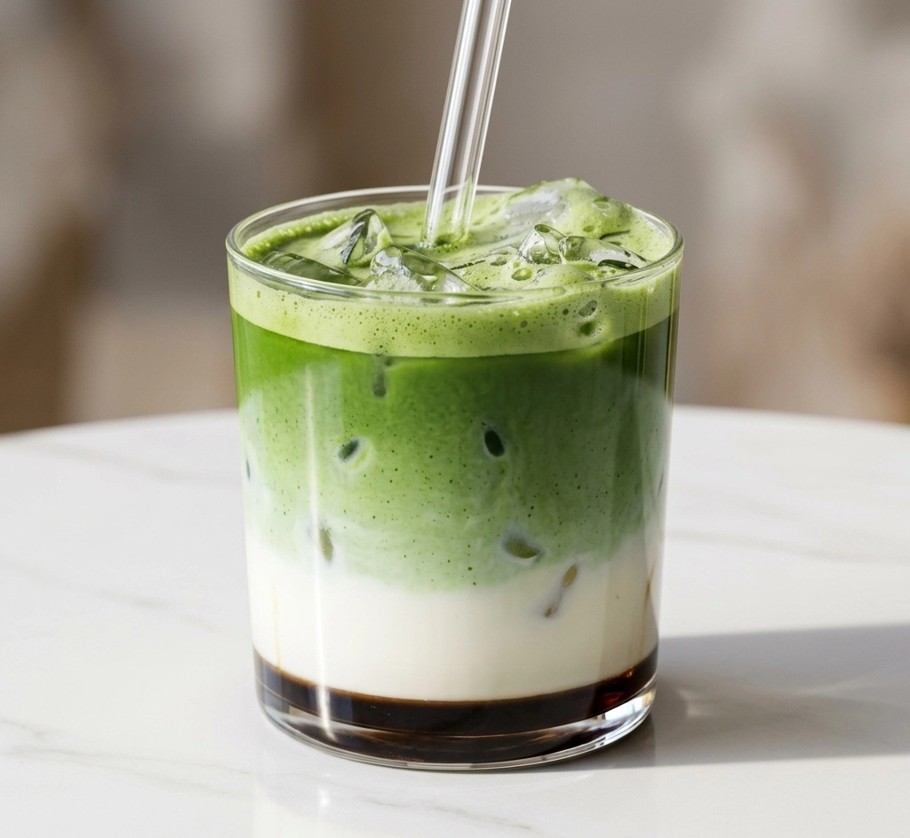 Ein Iced Brown Sugar Matcha Latte in einem klaren Glas auf einer weißen Marmorplatte. Das Getränk zeigt deutlich sichtbare Schichten: unten dunkelbrauner Zuckersirup, darüber cremige weiße Milch und oben leuchtend grüner Matcha-Schaum mit Eiswürfeln. Zwei
