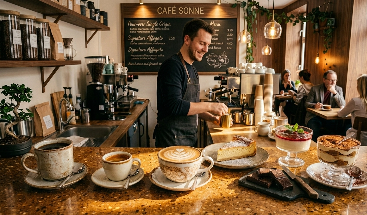 Barista hinter einer Café-Theke bereitet Kaffee zu, im Vordergrund mehrere Kaffeetassen mit Latte Art sowie Desserts wie Käsekuchen, Tiramisu und Schokolade auf einer Marmorplatte