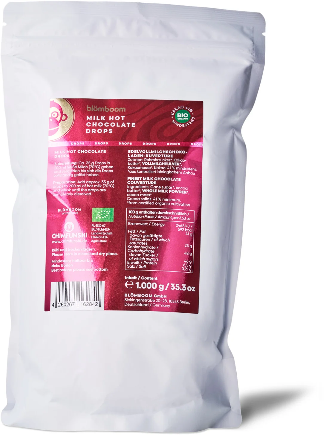 Blömboom - Metalldose+Refillbeutel und Magnet "Milk Hot Chocolate Drops BIO 1kg"