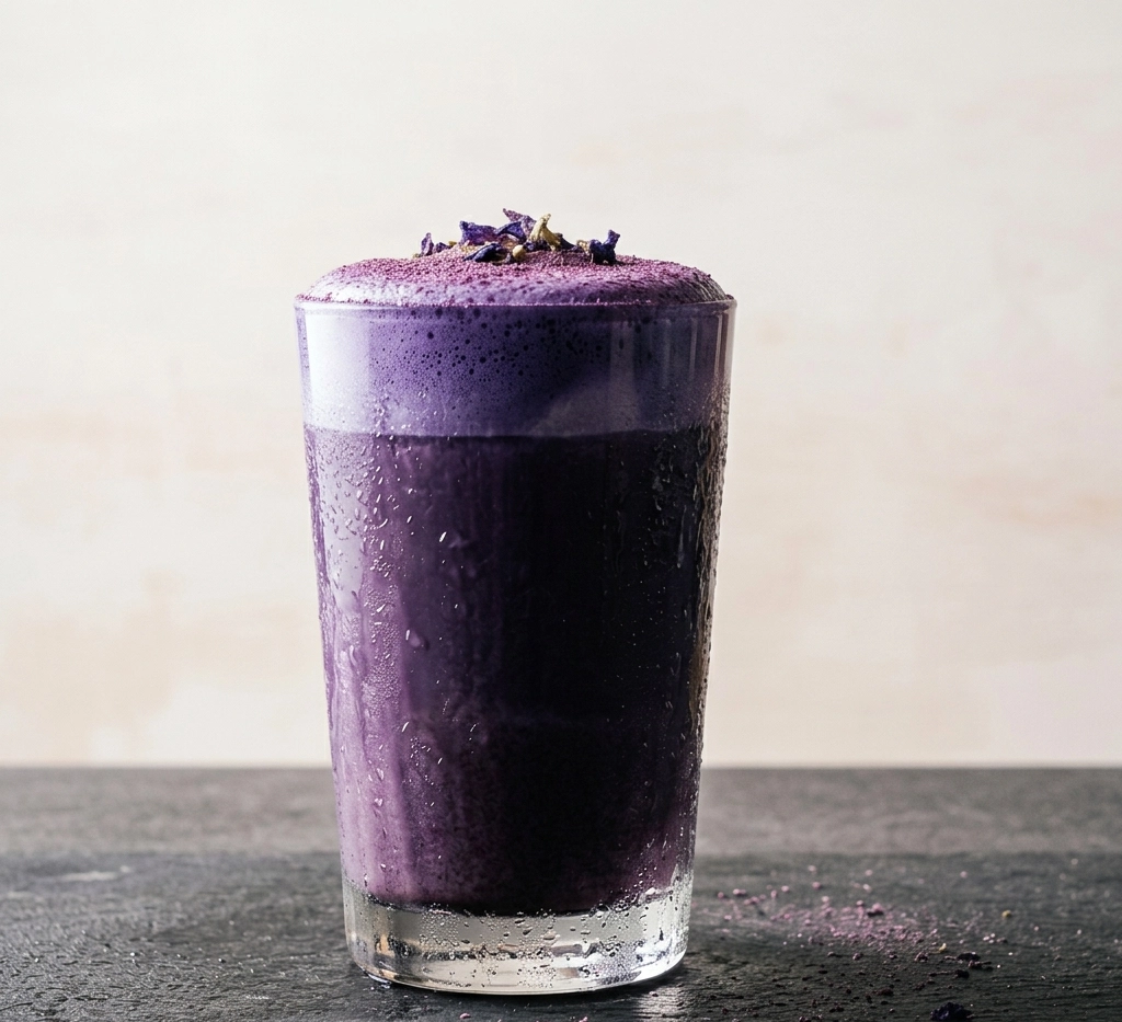 Ube Latte im Glas auf schwarzem Schieferstein, tiefvioletter Milchschaum mit getrockneten Blüten, Rowdy Brands Rezept