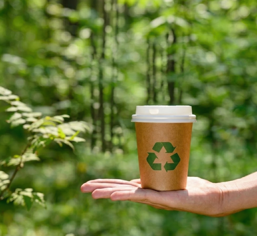 Ein to go Becher der in der Natur steht um seine Nachhaltigkeit auszudrücken 