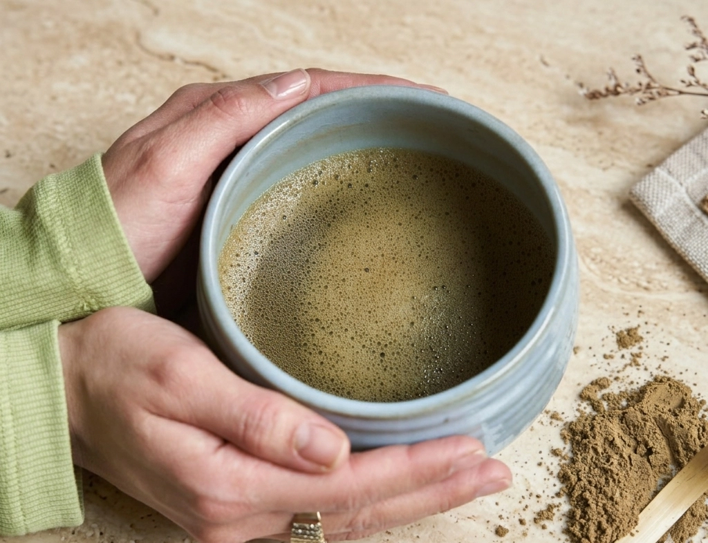 Zwei Hände halten eine hellblaue Keramik-Chawan mit frisch zubereitetem Hojicha – daneben Hojicha-Pulver mit Bambuslöffel auf Marmor