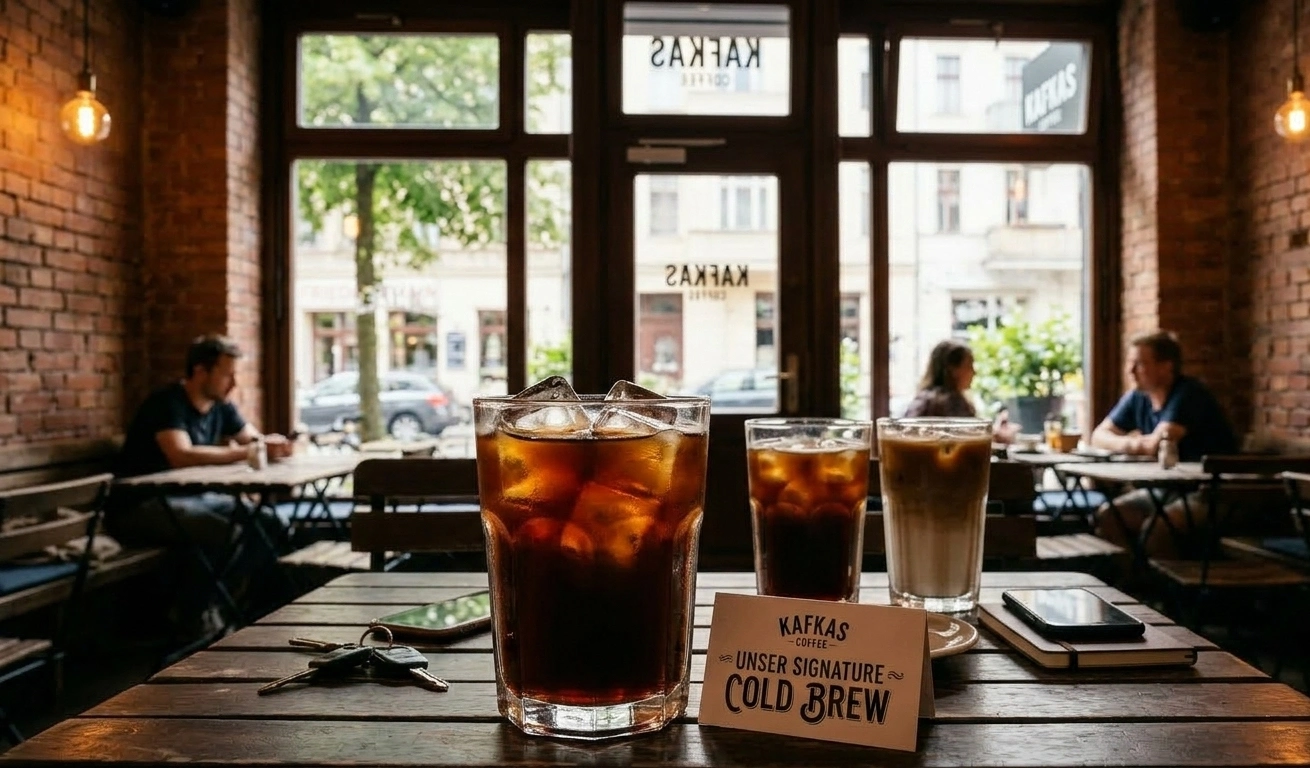 urbanes Cafe mit zwei Cold Brew Kaffees in Gläser und Hinweisschild zu Cold Brew Angebot