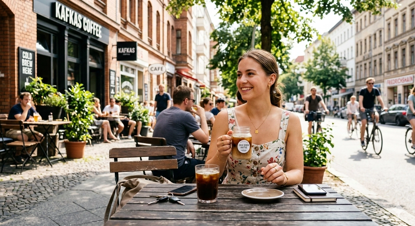 Frau in Cafe auf ruhiger Straße im Sommer mit zwei Kaffees