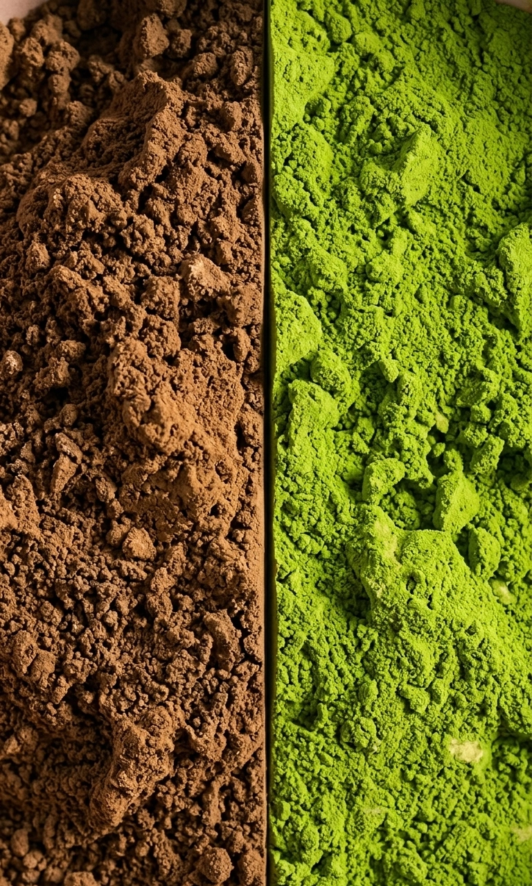 Direkter Vergleich von Hojicha-Pulver (braun, links) und Matcha-Pulver (leuchtend grün, rechts) nebeneinander – Nahaufnahme der feinen Pulverstrukturen